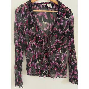 Y2K Women’s Blouse Size L Butterflies Sequins Whimsigoth Witchy Fairy Flowy Soft